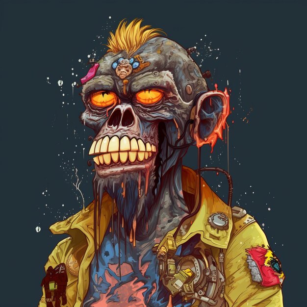 a close up of a zombie with a yellow jacket and a red bow generative ai