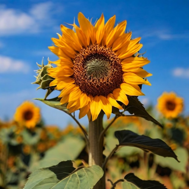 Close-up zonnebloem in het veld met een blauwe hemel