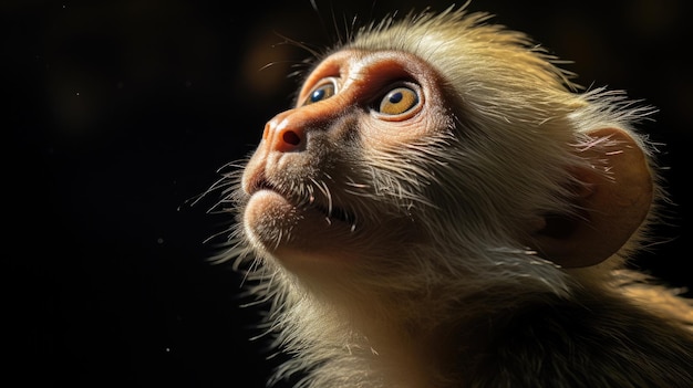 Close-up zoomfoto van een charmante Capuchin-aap met doordringende ogen en zwarte achtergrond