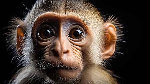 Close-up zoomfoto van een charmante Capuchin-aap met doordringende ogen en zwarte achtergrond