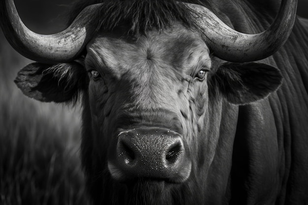 Close-up zwart-wit foto van het hoofd en de hoorn van een Kaapse buffel