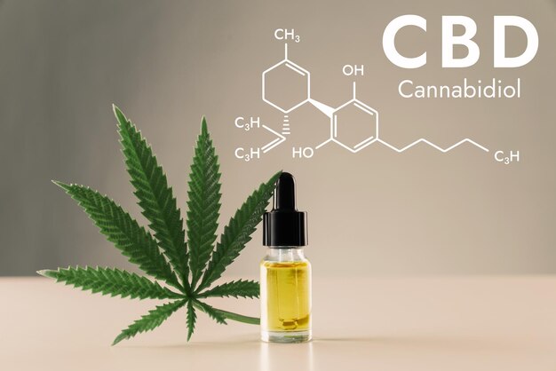 Foto close-upbeeld gelegaliseerde cbd-olie in fles met druppelaardeksel met bladerenachtergrond