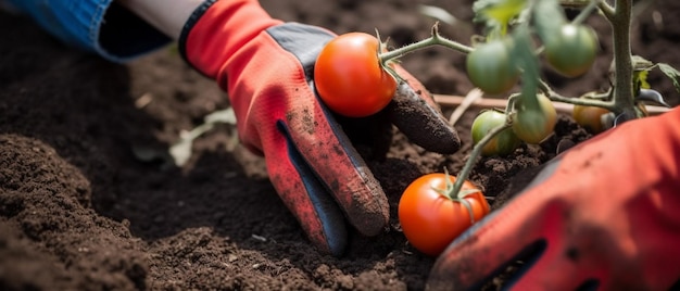 Close-upbeeld van de handen van de vrouw in tuinhandschoenen die tomaat planten