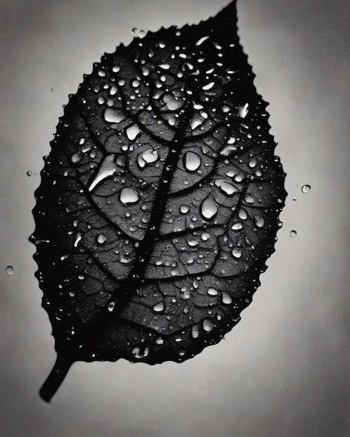 Close-upbeeld van een zwart blad met waterdruppels hoog contrast iPhone-achtergrond