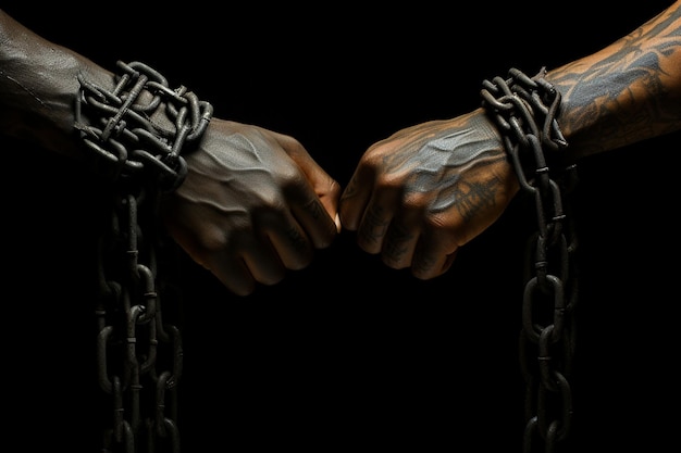 Close-upbeeld van menselijke handen met geketende handen tegen een donkere achtergrond