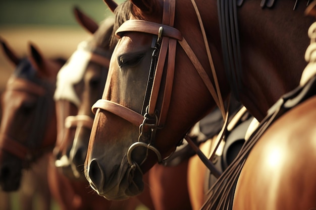 Close-upbeeld van polopaarden en pony's in een paddock opgezadeld voor een spel met polozadels Generatieve AI