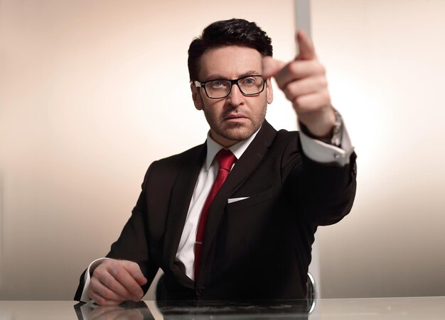 Close upconfident businessman pointing at you the concept of choice