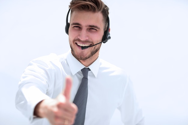 Close upemployee call center showing thumb upisolated on white