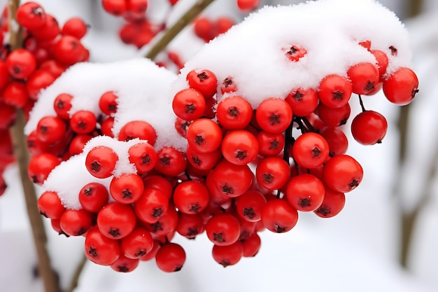 Close-upfoto van besneeuwde bessen op een tak