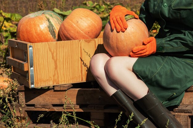 Close-upfoto van de vrouwenbenen in laarzen met pompoen die in het oogstconcept van het de herfstgebied zitten