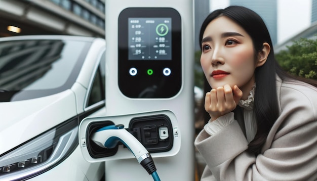 Close-upfoto van een Aziatische vrouw die leunt op haar elektrische auto terwijl deze oplaadt op een stadsstation