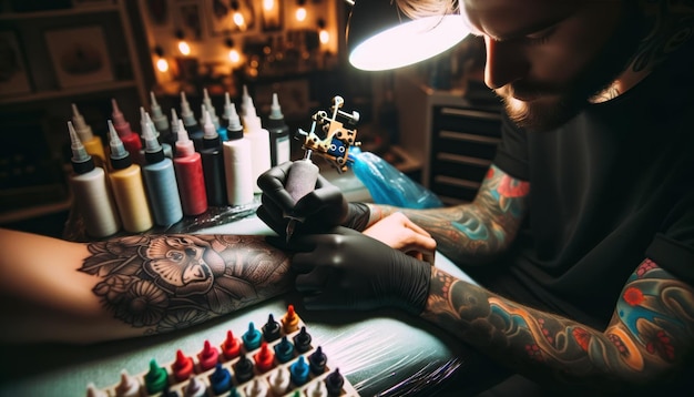 Foto close-upfoto van een gefocuste tattoo-artiest die een zoemende tattoo-machine gebruikt om ingewikkeld een ontwerp op de huid van een klant te inkten