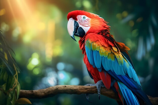 Close-upfoto van een macaw die op een tak zit