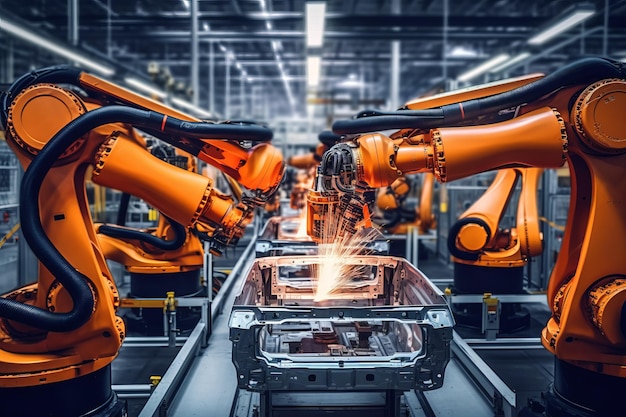 Close-upfoto van een moderne lopende band in een autofabriek die de integratie van geautomatiseerde armgeneratieve ai laat zien