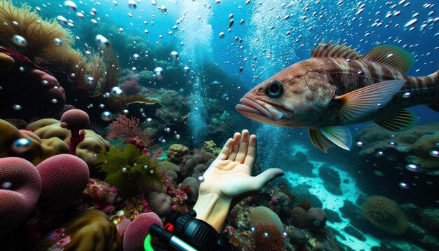 Foto close-upfoto van een nieuwsgierige vis waarvan de schubben glinsteren terwijl hij de uitgestrekte hand van een duiker nadert