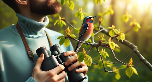 Close-upfoto van een persoon in casual lentekleding met een verrekijker op de borst, vol ontzag opkijkend naar een zeldzame trekvogel