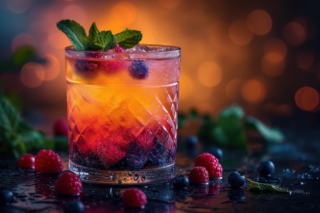 Close-upfoto van een prachtig gepresenteerde cocktail met levendige bessen op een tafel