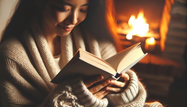 Close-upfoto van een vrouw omhelsd door een zachte deken, volledig verdiept in haar boek