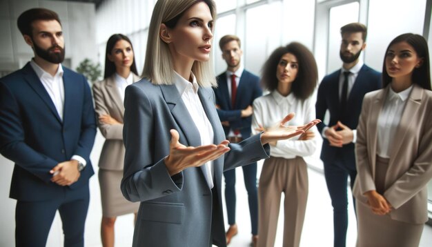 Close-upfoto van een vrouwelijke bedrijfsleider die haar visie aan het team verwoordt