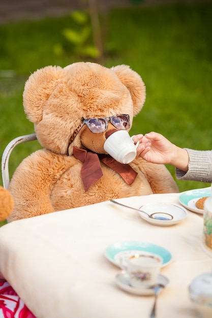 Close-upfoto van meisje dat thee geeft aan teddybeer in zonnebril