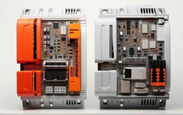 Close-upfoto van oranje en witte elektronische componenten