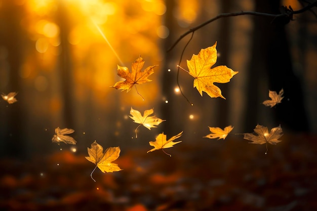 Close-upfoto van verbazingwekkende gouden esdoornbladeren op de bosachtergrond