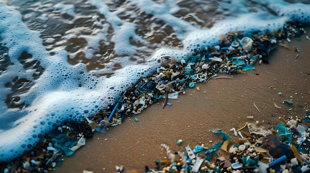 Foto close-upfoto van zeegolven met microplastics vervuilingsprobleem hoge resolutie