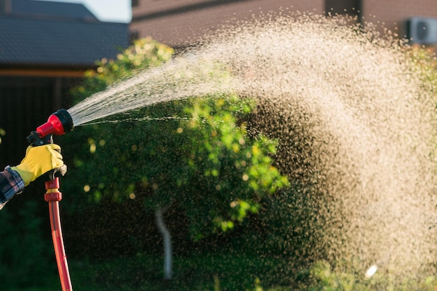 Close-uphanden die de slang van het tuinwater houden die kleurrijke regenlaarzen dragen die tuin drenken