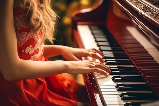 Close-upmening van schitterende vrouw die piano speelt