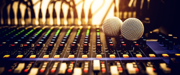 Close-upmicrofoon en geluidsmixer in studio voor geluidsopname
