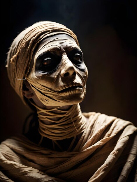 Foto close-upportret van een enge mummie in de donkere halloween-horrorfilm