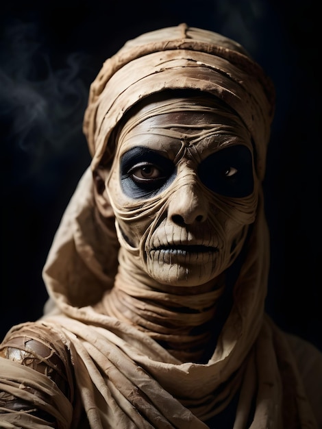 Foto close-upportret van een enge mummie in de donkere halloween-horrorfilm