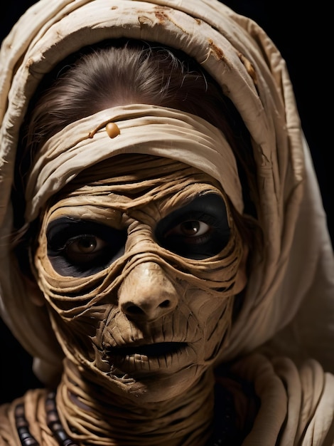 Foto close-upportret van een enge mummie in de donkere halloween-horrorfilm