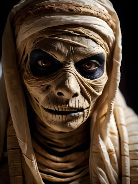 Foto close-upportret van een enge mummie in de donkere halloween-horrorfilm