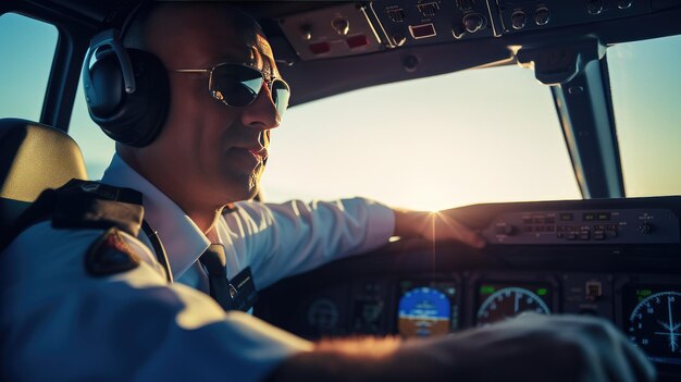 Close-upportret van een piloot in de cockpit van een vliegtuig