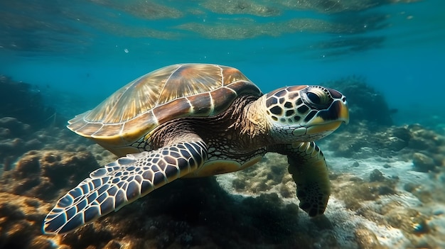 Close-upportret van een zeeschildpad die in de oceaan zwemt, vastgelegd in 4K-resolutie in 2020