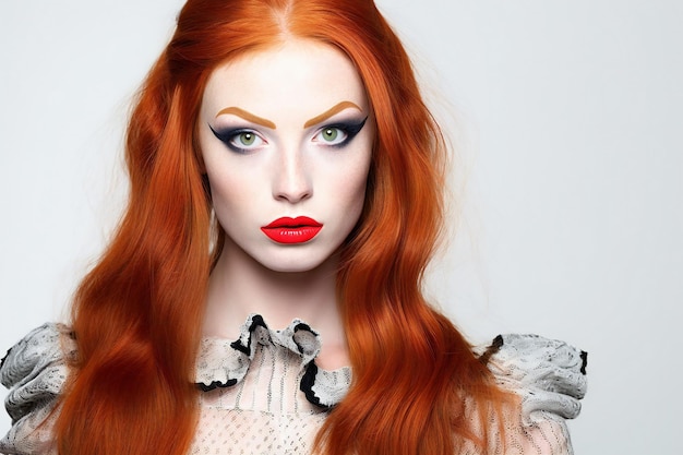Close-upportret van mooi roodharig meisje met creatieve make-up Manierfoto