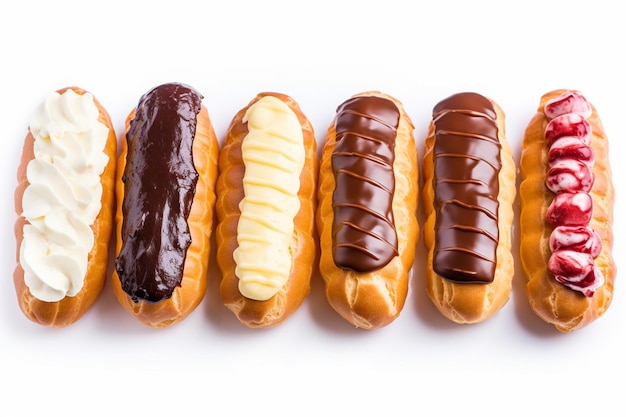 Close-ups van verschillende eclairs op een witte achtergrond