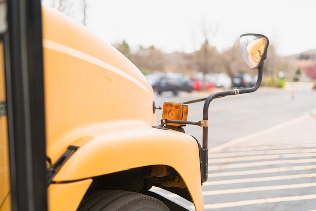 Close ups of yellow school bus on field trip.