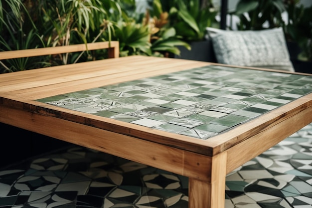 Close upwood bank en tafel gemaakt van metaal en hout in de tuin en tuin op de tuintegels