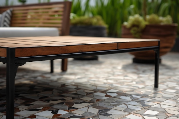 Close upwood sofa and table made of metal and wood in the yard and garden on the garden tiles