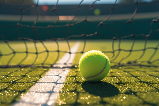 Close van een tennisbal op de witte lijn bij het net