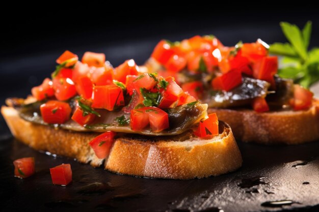 Close view of anchovy fillet on bruschetta