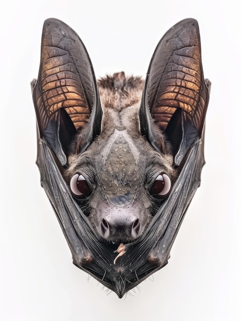 Close view of a bat looking upwards showcasing its furry body and wing structure against a white background