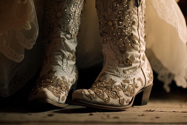 a close view of the bride's footwear