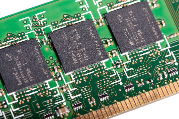 Close view of the circuits of a modern computer memory chip.