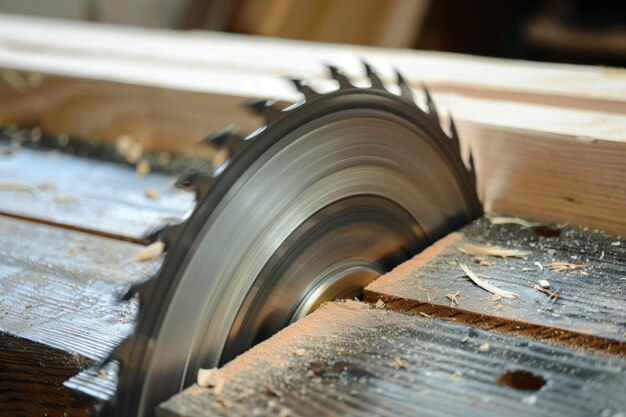 Photo close view of the circular saw blade cutting a notch in timber