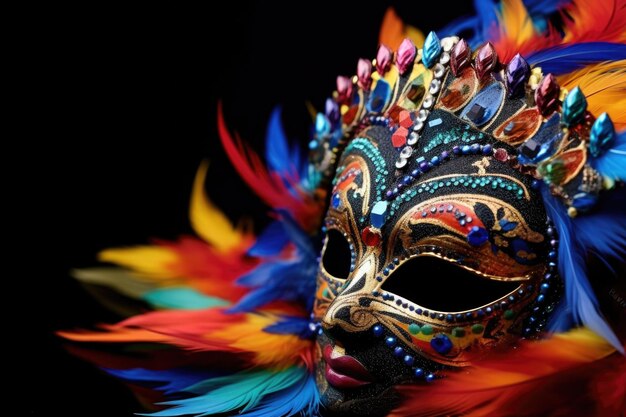 Photo close view of a colorful masquerade mask on black velvet