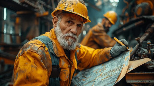 Close view of an elderly male builder in special uniform at a construction site 01