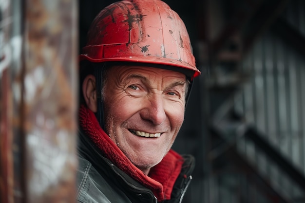 Close view of an elderly male builder in special uniform at a construction site 02